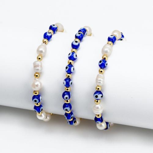Bracelet Evil Eye bijoux, chalumeau, avec perle de plastique & laiton, Placage de couleur d'or, bijoux de mode & unisexe & styles différents pour le choix, plus de couleurs à choisir, Longueur:Environ 18 cm, Vendu par PC