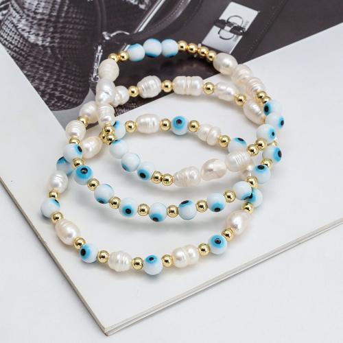 Evil Eye Jewelry Bracelet, Lampwork, with Plastic Pearl & Brass, gold color plated, fashion jewelry & Unisex & different styles for choice, more colors for choice, Length:Approx 18 cm, Sold By PC