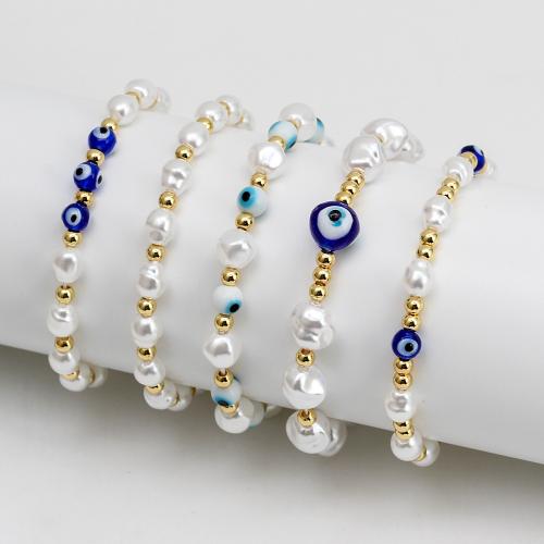 Evil Eye Jewelry Bracelet Lampwork with Plastic Pearl & Brass gold color plated fashion jewelry & Unisex Length Approx 18 cm Sold By PC
