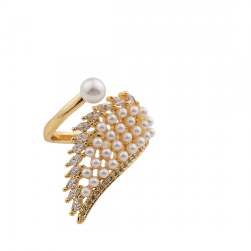 Cubic Zirconia Micro Pave Brass Ring with Plastic Pearl 14K gold plated fashion jewelry & micro pave cubic zirconia & for woman nickel lead & cadmium free Inner Approx 17mm Sold By PC