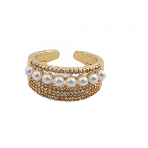 Cubic Zirconia Micro Pave Brass Ring, with Plastic Pearl, 14K gold plated, fashion jewelry & micro pave cubic zirconia & for woman, nickel, lead & cadmium free, 23x22x4mm, Inner Diameter:Approx 18mm, Sold By PC