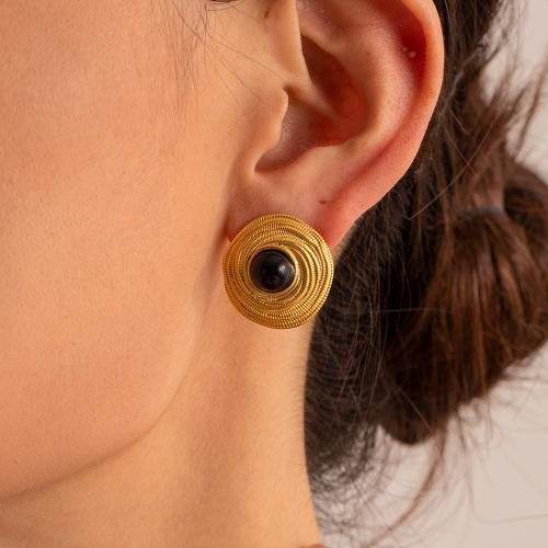 Stainless Steel Stud Earrings 304 Stainless Steel with Agate plated fashion jewelry golden Sold By Pair