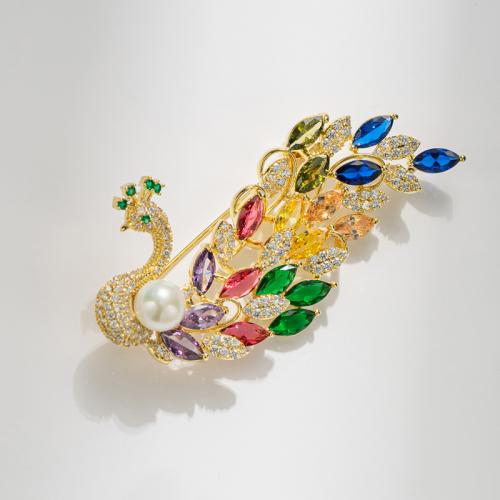 Cubic Zirconia Brooch, Brass, with Shell Pearl, Peacock, plated, fashion jewelry & micro pave cubic zirconia, multi-colored, nickel, lead & cadmium free, 67x35mm, Sold By PC