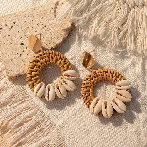 Tibetan Style Drop Earrings, Rattan, with Shell & Tibetan Style, Round, fashion jewelry, 40x60mm, Sold By Pair
