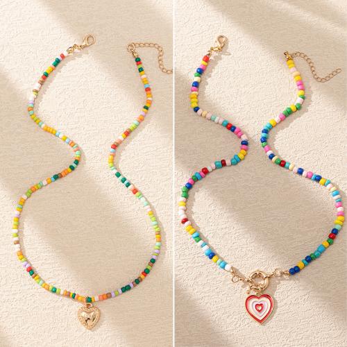 Tibetan Style Jewelry Necklace, with Glass Beads, Heart, plated, fashion jewelry & enamel, more colors for choice, nickel, lead & cadmium free, Length:Approx 45-50 cm, Sold By PC