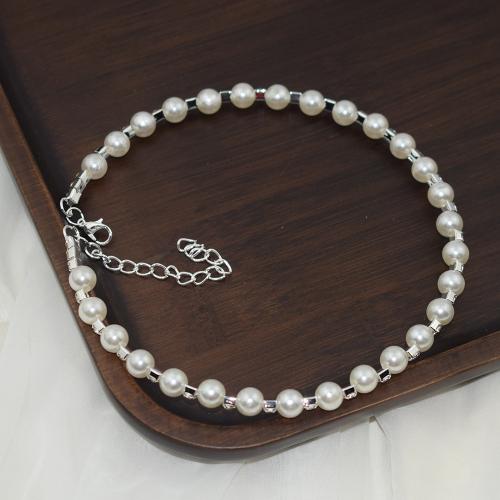 Collar halskæde, Zinc Alloy, med Plastic Pearl, med 6.5cm extender kæde, mode smykker & for kvinde & med rhinestone, hvid, nikkel, bly & cadmium fri, Længde Ca. 11.3 cm, Solgt af PC