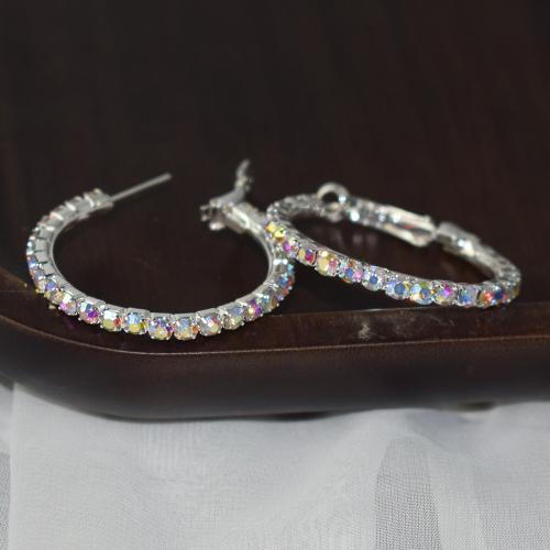Messing Hoop Earring, mode smykker & for kvinde & med rhinestone, flere farver til valg, nikkel, bly & cadmium fri, Diameter: 35mm, Solgt af par