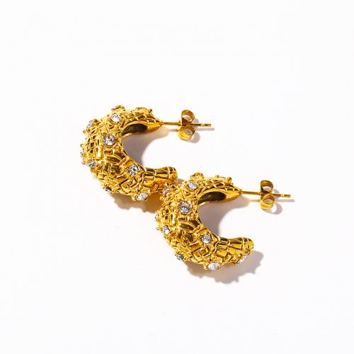 Boucle d'oreille Acier Titane, pavé de micro zircon & pour femme, doré, 25x21mm, Vendu par paire