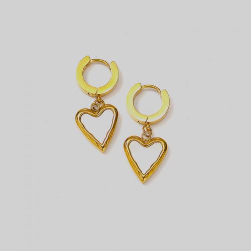 Titanium Steel  Earring, with White Shell, Heart, Vacuum Ion Plating, for woman, golden, 32x13mm, Sold By Pair