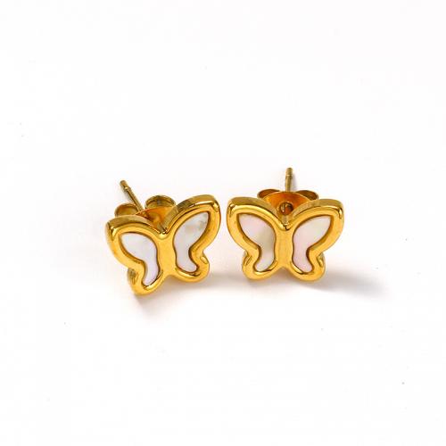 Boucle d'oreille Acier Titane, avec coquille blanche, papillon, pour femme, doré, 16x12mm, Vendu par paire