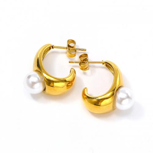 Titanium Steel  Earring, with Plastic Pearl, Vacuum Ion Plating, for woman, golden, 20x18mm, Sold By Pair