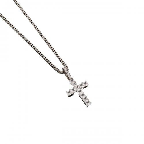 Titanium Steel Necklace with Brass Cross plated Unisex & micro pave cubic zirconia Length Approx 18 Inch Sold By PC