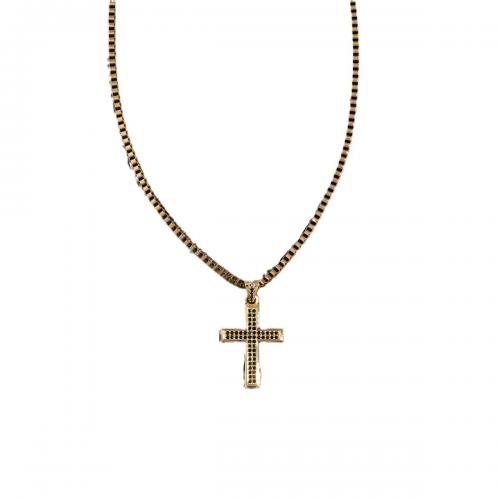 Латунь Ожерелье, Kресты, плакированный настоящим золотом, Мужская & Цепной ящик & инкрустированное микро кубического циркония, длина:Приблизительно 18 дюймовый, продается PC