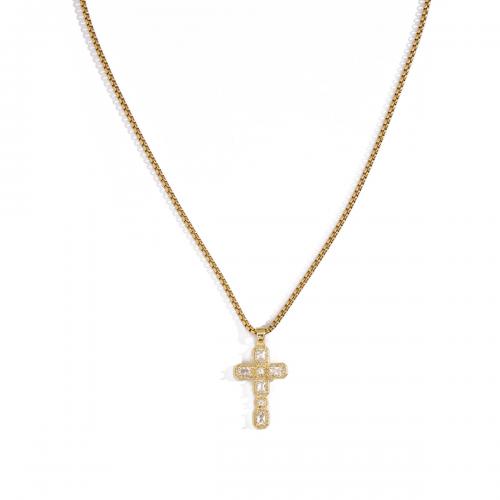 Латунь Ожерелье, Kресты, плакированный настоящим золотом, Мужская & инкрустированное микро кубического циркония, длина:Приблизительно 23.62 дюймовый, продается PC