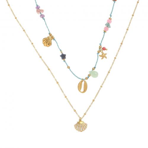 Titanstahl Halskette, mit Naturstein & Wachsschnur, Schale, goldfarben plattiert, Doppelschicht & Modeschmuck & für Frau, Länge:ca. 16-20 ZollInch, verkauft von PC