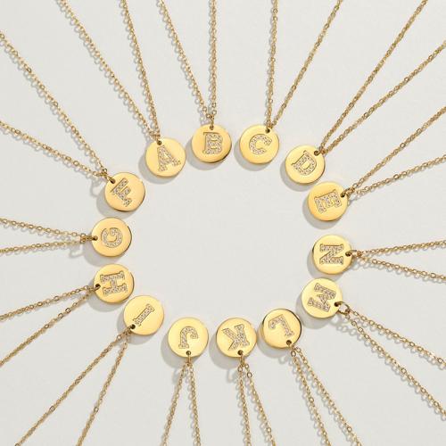 Stainless Steel Jewelry Necklace 316L Stainless Steel with 5cm extender chain Flat Round Vacuum Ion Plating fashion jewelry & letters are from A to Z & for woman & with rhinestone nickel lead & cadmium free Length Approx 38 cm Sold By PC