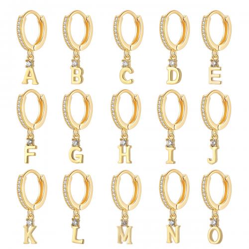 Huggie Hoop Drop Earring Brass Alphabet Letter gold color plated fashion jewelry & letters are from A to Z & micro pave cubic zirconia & for woman nickel lead & cadmium free Sold By PC