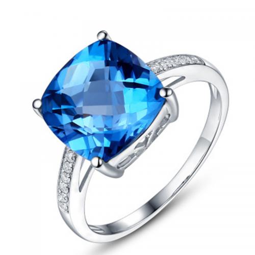 Brass Finger Ring, with Crystal, Square, platinum plated, fashion jewelry & for woman & with rhinestone, sea blue, nickel, lead & cadmium free, Ring inner diameter:17-18mm, Sold By PC