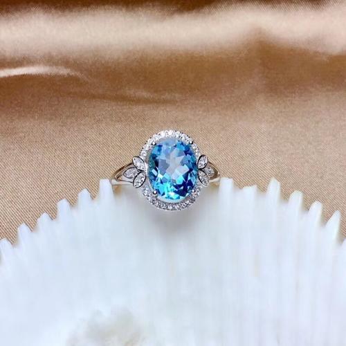 Brass Finger Ring with Topaze Oval platinum plated fashion jewelry & micro pave rhinestone & for woman sea blue nickel lead & cadmium free Sold By PC