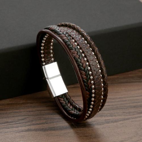 PU Leather Cord Bracelets with 304 Stainless Steel polished fashion jewelry & for man Length Approx 21 cm Sold By PC