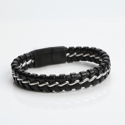 Bracelets cordon PU, cuir PU, avec Acier titane, bijoux de mode & pour homme, noire, Longueur:Environ 21 cm, Vendu par PC