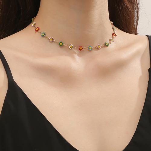 Zinc Alloy smykker halskæde, Flower, guldfarve belagt, forskellige stilarter for valg & for kvinde & emalje, flere farver til valg, Længde Ca. 35 cm, Solgt af PC
