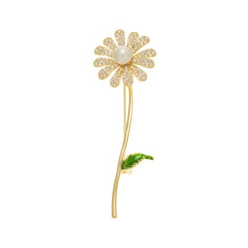 Cubic Zirconia Brooch Brass with Shell Pearl Flower fashion jewelry & micro pave cubic zirconia & for woman gold nickel lead & cadmium free Sold By PC