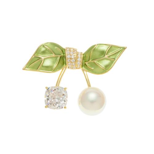 Cubic Zirconia Brooch, Brass, with Mabe Pearl & enamel, Leaf, fashion jewelry & micro pave cubic zirconia & for woman, more colors for choice, nickel, lead & cadmium free, 37x25mm, Sold By PC