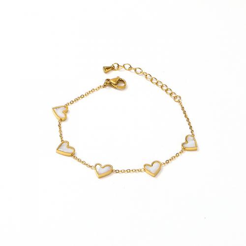 Bracelet d'acier titane, avec coquille blanche, avec 4CM chaînes de rallonge, coeur, pour femme, doré, Longueur:Environ 15.5 cm, Vendu par PC