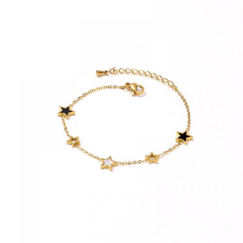Bracelet d'acier titane, avec coquille noire & coquille blanche, avec 4CM chaînes de rallonge, étoile, pour femme, doré, Longueur:Environ 16.5 cm, Vendu par PC
