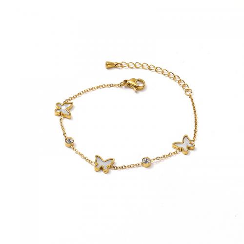 Bracelet d'acier titane, avec coquille blanche, avec 4CM chaînes de rallonge, pavé de micro zircon & pour femme, doré, Longueur:Environ 15.5 cm, Vendu par PC