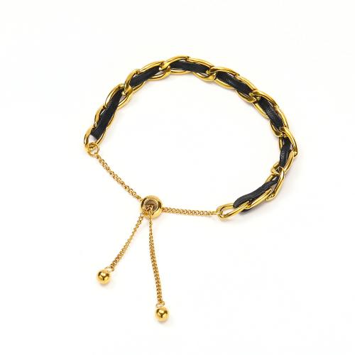 Titanium Steel Bracelet & Bangle, with leather cord, Vacuum Ion Plating, for woman, golden, Length:Approx 23 cm, Sold By PC
