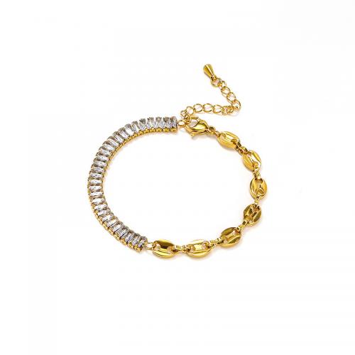 Bracelet d'acier titane, avec 5CM chaînes de rallonge, pavé de micro zircon & pour femme, doré, Longueur:Environ 15.5 cm, Vendu par PC