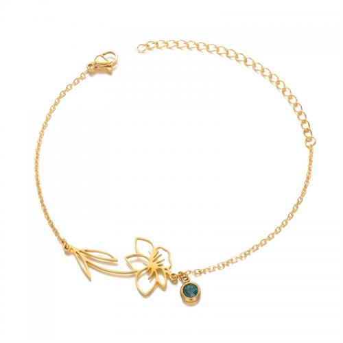 304 Stainless Steel Bracelet Flower gold color plated & for woman & with rhinestone Length Approx 6 Inch Sold By PC
