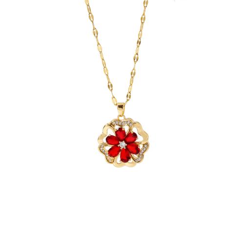 316L Stainless Steel Necklace, with 2inch extender chain, Flower, gold color plated, for woman & with cubic zirconia, Length:Approx 15.7 Inch, Sold By PC