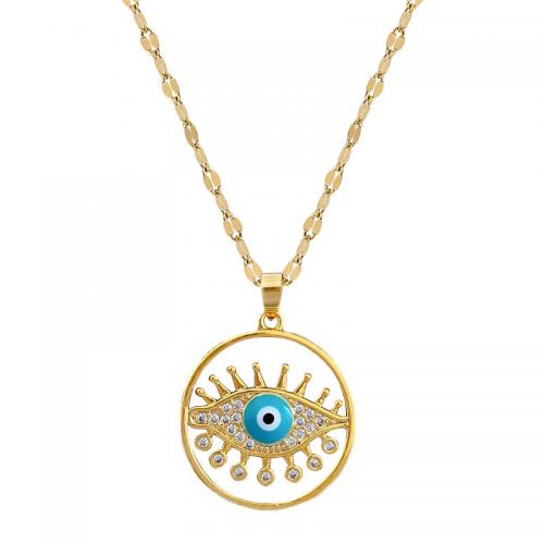 Brass Necklace, with 304 Stainless Steel Chain, Evil Eye, gold color plated, micro pave cubic zirconia & for woman & enamel & hollow, Length:Approx 18 Inch, Sold By PC