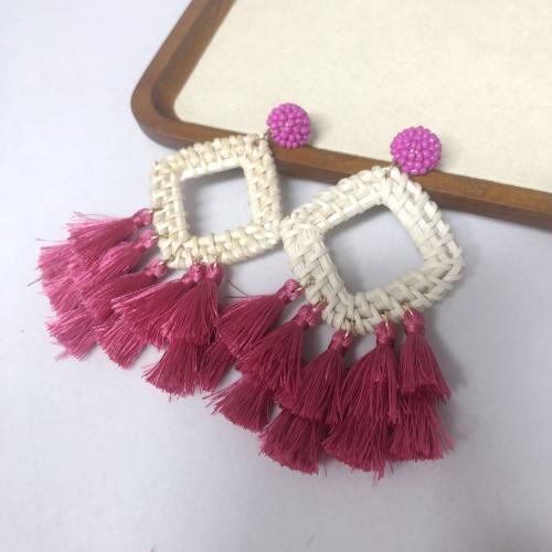 Rattan Tassel Earring with Seedbead & Polyester & Zinc Alloy Geometrical Pattern for woman & hollow Sold By Pair
