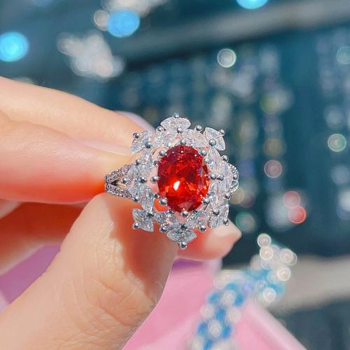 Ring Finger mosiądz, ze Kryształ, Kwiat, Platerowane platyną, biżuteria moda & dla kobiety & z kamieniem, czerwony, bez zawartości niklu, ołowiu i kadmu, inner diameter:17-18mm, sprzedane przez PC