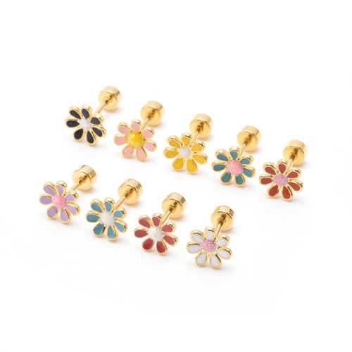 Stainless Steel Stud Earrings 304 Stainless Steel Flower Vacuum Ion Plating random style & fashion jewelry & for woman & enamel mixed colors nickel lead & cadmium free Sold By Pair