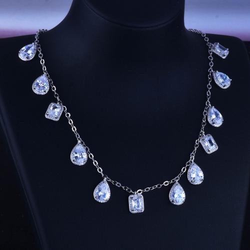 Brass Necklace, with Cubic Zirconia, with 5cm extender chain, platinum plated, fashion jewelry & for woman, clear, nickel, lead & cadmium free, Length:Approx 40 cm, Sold By PC