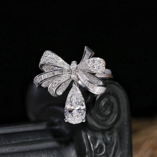 Brass Finger Ring Bowknot platinum plated fashion jewelry & for woman & with rhinestone clear nickel lead & cadmium free inner mm Sold By PC