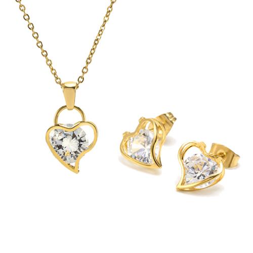 Cubic Zirconia Stainless Steel Jewelry Sets, Stud Earring & necklace, 304 Stainless Steel, with Cubic Zirconia, with 5cm extender chain, Heart, Vacuum Ion Plating, 2 pieces & fashion jewelry & for woman, golden, nickel, lead & cadmium free, Length:Approx 40 cm, Sold By Set