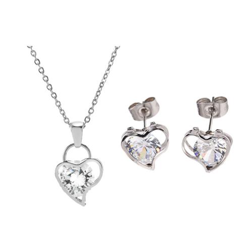 Cubic Zirconia Stainless Steel Jewelry Sets, Stud Earring & necklace, 304 Stainless Steel, with Cubic Zirconia, with 5cm extender chain, Heart, polished, 2 pieces & fashion jewelry & for woman & hollow, original color, nickel, lead & cadmium free, Length:Approx 45 cm, Sold By Set