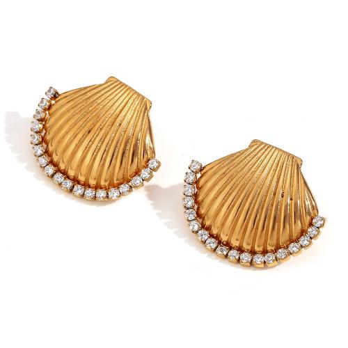 Stainless Steel Stud Earrings, 316L Stainless Steel, Shell, 18K gold plated, fashion jewelry & micro pave cubic zirconia & for woman, golden, 27.70x23.30mm, Sold By Pair