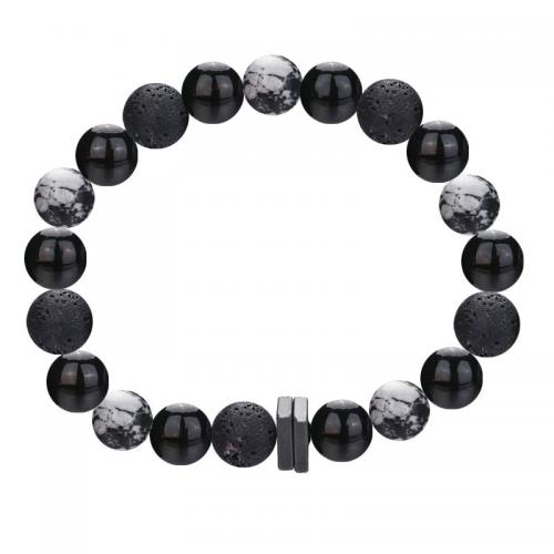 Gemstone Bracelets Lava with Glass Beads & Snowflake Obsidian & Brass fashion jewelry & for man Length Approx 18-19 cm Sold By PC