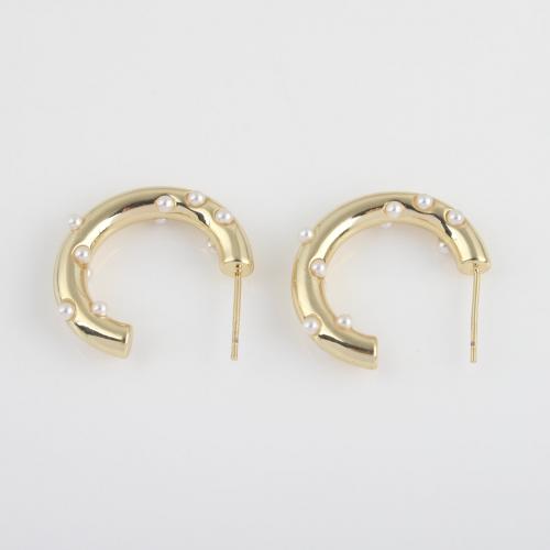 Brass Stud Earring, with Plastic Pearl, Dome, gold color plated, for woman, nickel, lead & cadmium free, 25.80x23.20x4.60mm, Sold By Pair