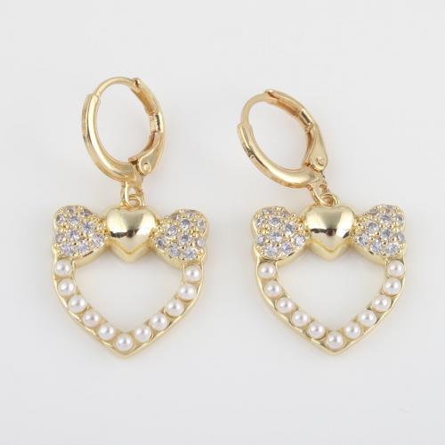 Huggie Hoop Drop Earring Brass Heart gold color plated micro pave cubic zirconia & for woman nickel lead & cadmium free Sold By Pair