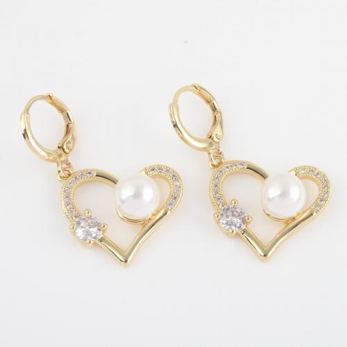Huggie Hoop Drop Earring, Brass, with Plastic Pearl, Heart, gold color plated, micro pave cubic zirconia & for woman, nickel, lead & cadmium free, 35.30x17.80x9.30mm, Sold By Pair