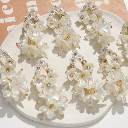 Brass Drop Earring ABS Plastic Pearl with Brass Flower DIY & with rhinestone white Sold By PC