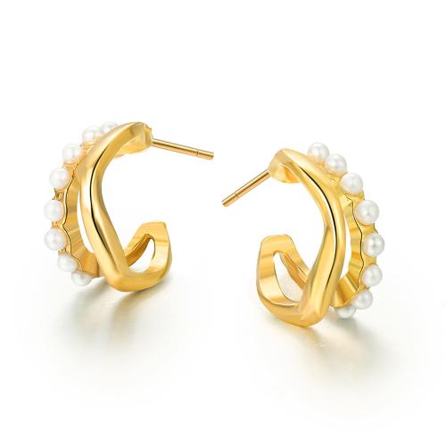 Tibetan Style Stud Earring, with Plastic Pearl, Heart, fashion jewelry & for woman, gold, nickel, lead & cadmium free, 14x6mm, Sold By Pair